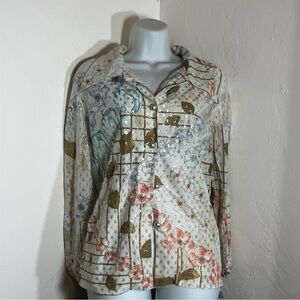 Cream Floral Button-Down Shirt with Metallic Accents